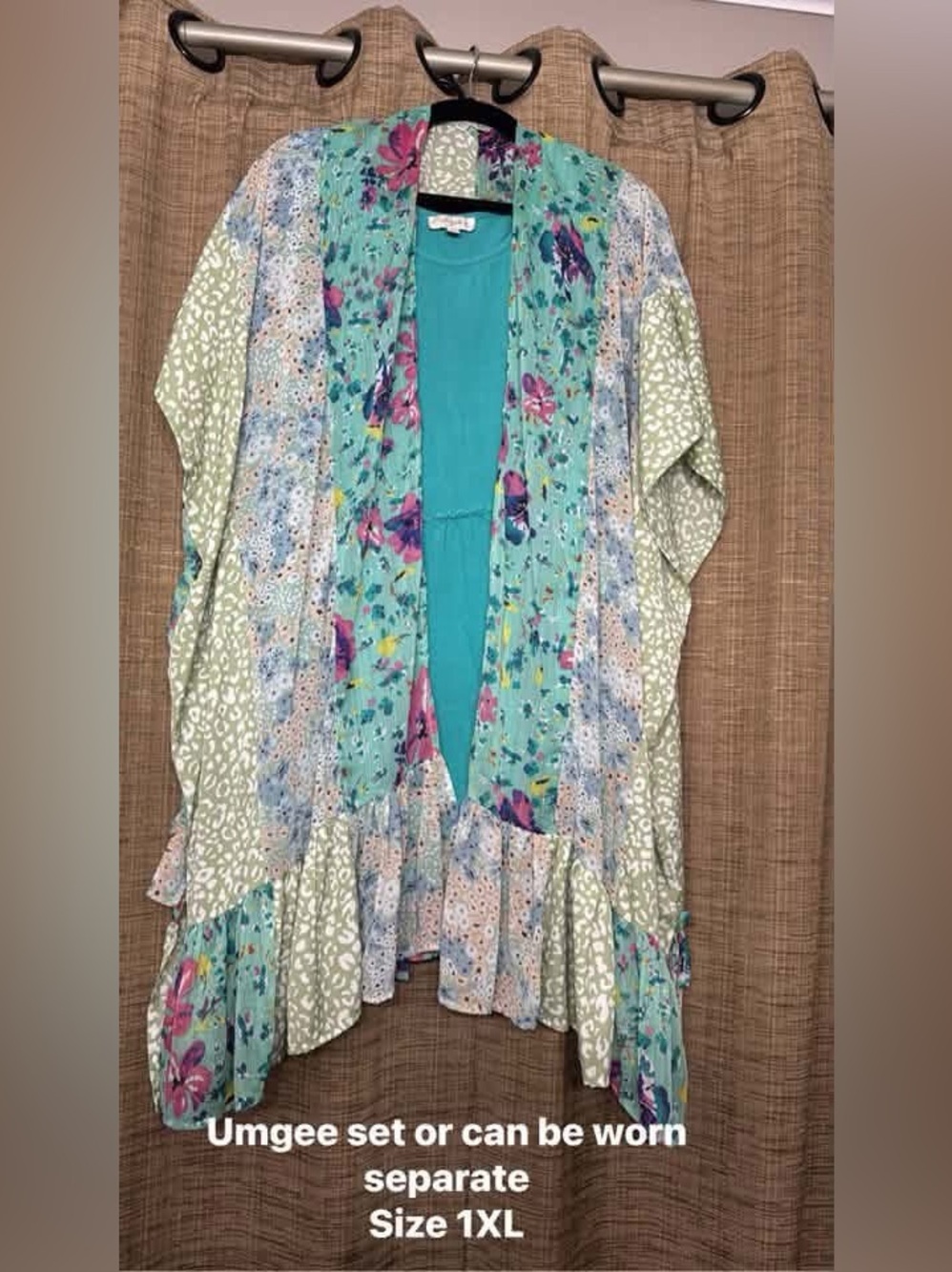 Umgee Teal and Mint Floral Patchwork Kimono
